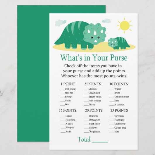 Green Dino Wat zit er in je baby shower met handta (Voorkant / Achterkant)