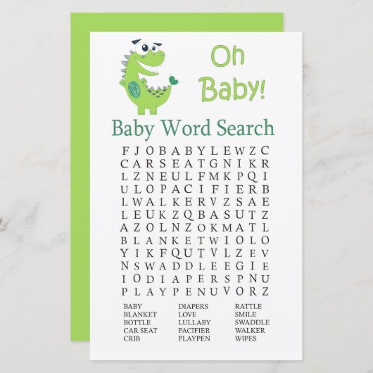 Green Dinosaur Baby shower Word Search Game (Voorkant / Achterkant)