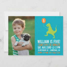 Green Dinosaur & Balloon Photo Birthday Invitation Kaart