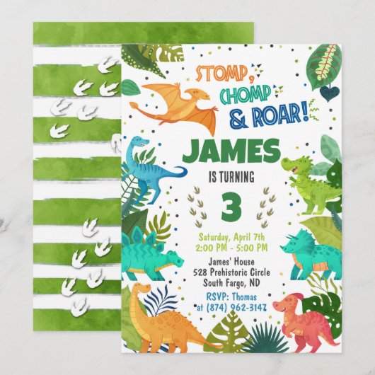 Green Dinosaur Boy Uitnodiging (Voorkant / Achterkant)