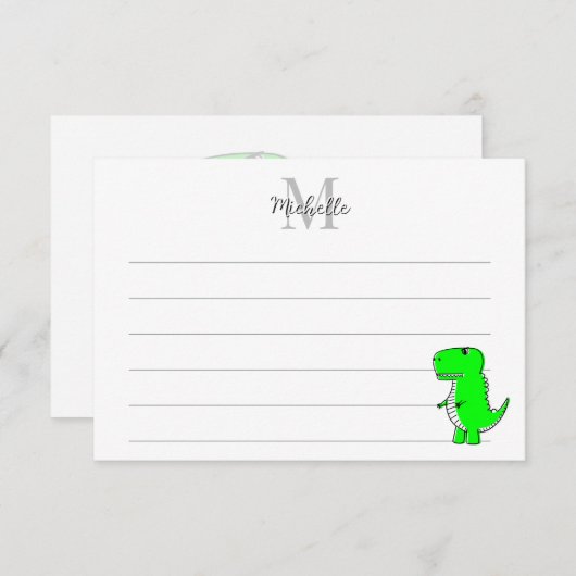 Green Dinosaur Drawing Custom Lined Monogram Notitiekaartje (Voorkant / Achterkant)