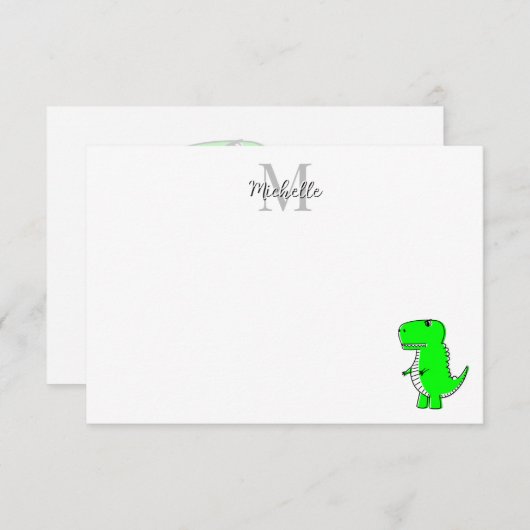 Green Dinosaur Drawing Custom Monogram Notitiekaartje (Voorkant / Achterkant)