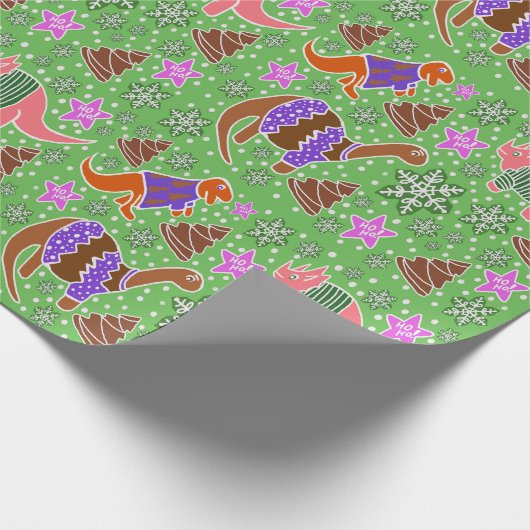 Green Dinosaur Kerstmis Cadeaupapier (Hoek)