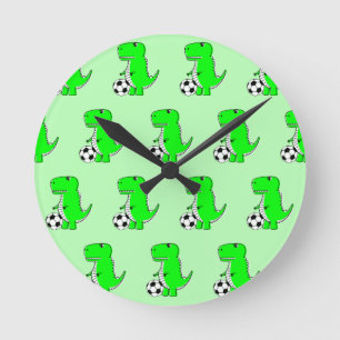 Green Dinosaur Loves Soccer Cartoon Pattern Ronde Klok
