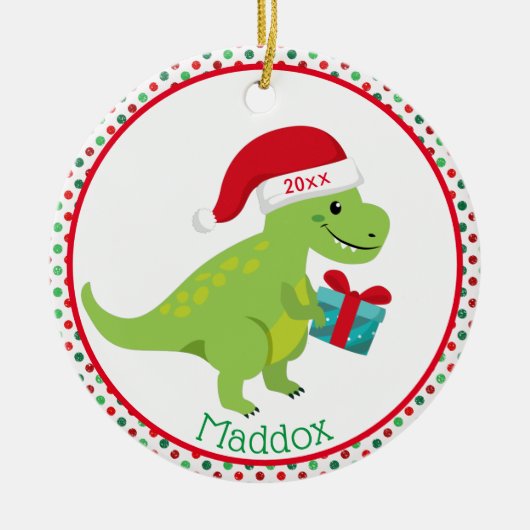 Green Dinosaur met Santa Hat Personalized Keramisch Ornament (Voorkant)
