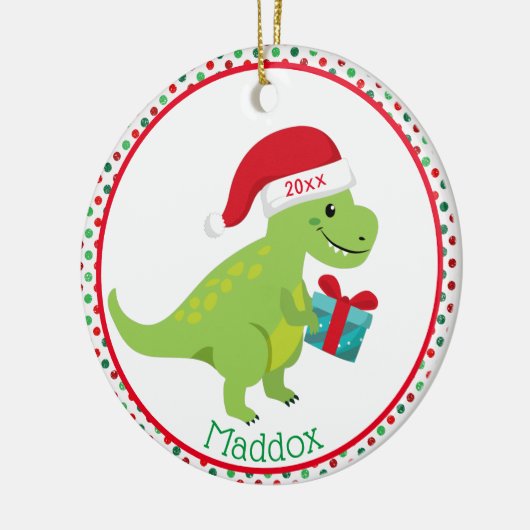 Green Dinosaur met Santa Hat Personalized Keramisch Ornament (Links)