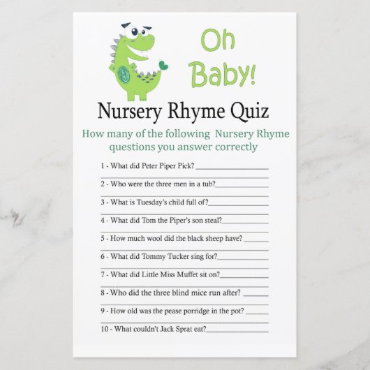Green Dinosaur Nursery Rhyme Quiz baby shower game (Voorkant)