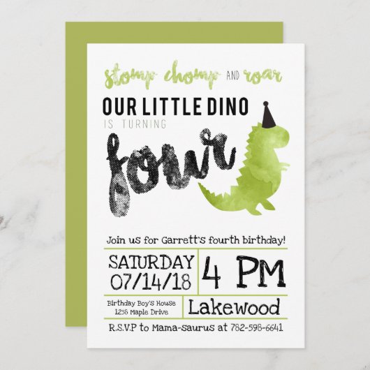 Green Dinosaur Stomp en Chomp Fourth Birthday Kaart (Voorkant / Achterkant)