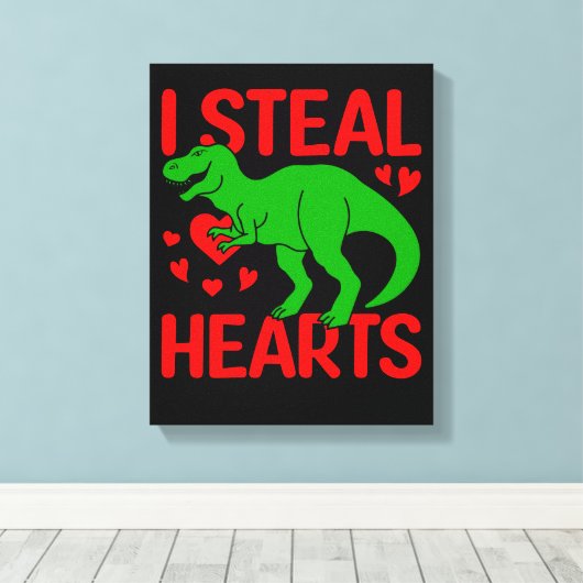 Green Dinosaur Valentijn I Steal Hearts Canvas Afdruk (Insitu (Houten vloer))