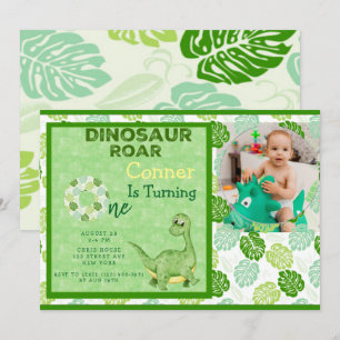 Green Dinosaur voegt foto-jongen toe 1e verjaardag Kaart