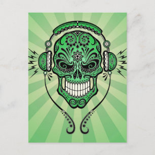 Green DJ Sugar Skull with Rays of Light Briefkaart