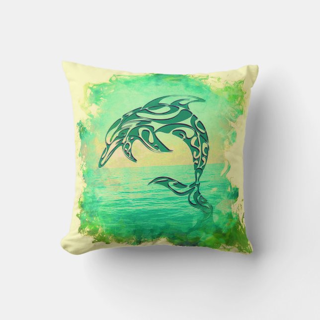 Green Dolphin Laughing and Leaping Cushion Kussen (Voorkant)