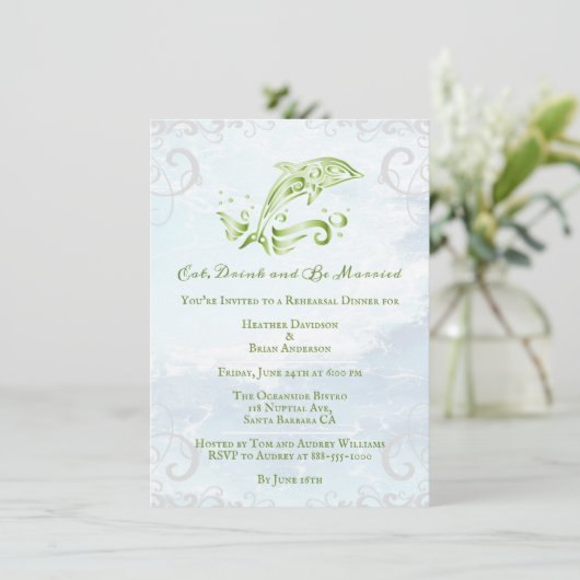 Green Dolphin Wedding Rehearsal Dinner Invitation Kaart (Staand voorkant)