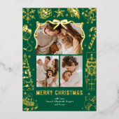 Green Doodle 3 Photo Christmas Gold Folie Feestdagenkaart (Voorkant)