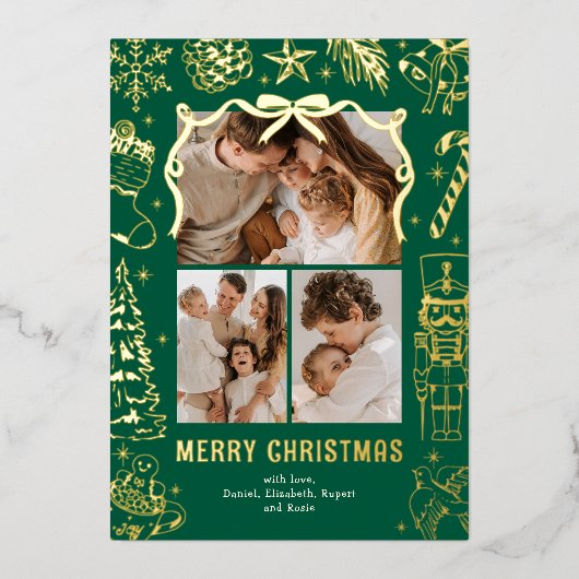 Green Doodle 3 Photo Christmas Gold Folie Feestdagenkaart (Voorkant)