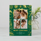 Green Doodle 3 Photo Christmas Gold Folie Feestdagenkaart (Staand Voorkant)