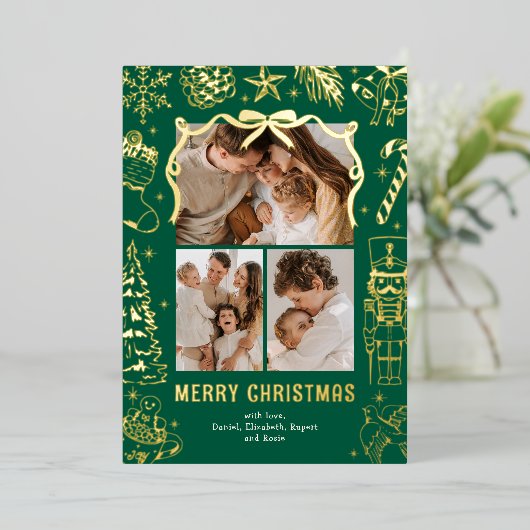 Green Doodle 3 Photo Christmas Gold Folie Feestdagenkaart (Staand Voorkant)