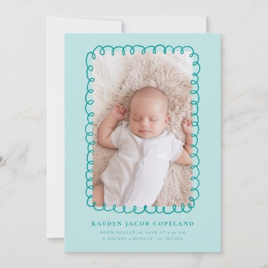 Green Doodle Lijst Geboorteaankondiging Foto Aankondiging (Voorkant)