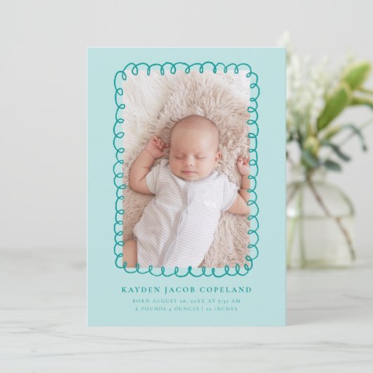 Green Doodle Lijst Geboorteaankondiging Foto Aankondiging (Staand voorkant)