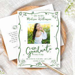 Green Doodles Graduation Save the Date Photo White Uitnodiging Briefkaart