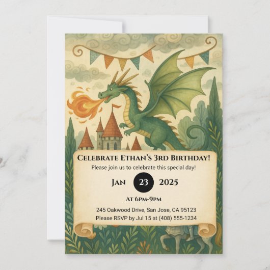 Green Dragon and Knight in Enchanted Birthday Kaart (Voorkant)