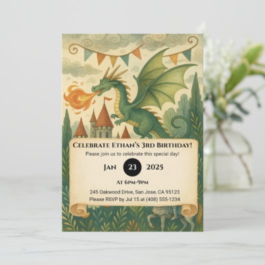 Green Dragon and Knight in Enchanted Birthday Kaart (Staand voorkant)