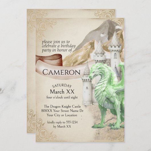 Green Dragon en Castle Fantasy Party Kaart (Voorkant / Achterkant)