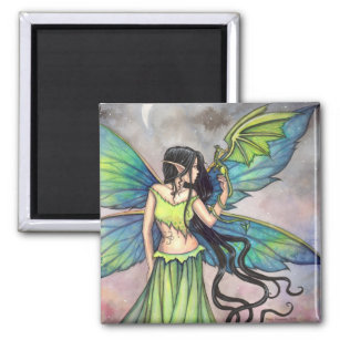 Green Dragon en Fairy Fantasy Art Magneet