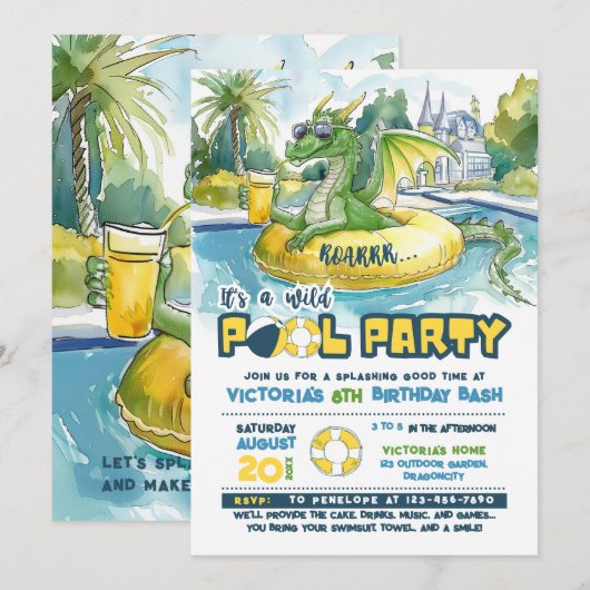 Green Dragon Pool Party Uitnodiging voor verjaarda (Voorkant / Achterkant)