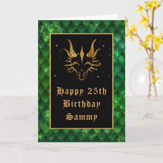 Green Dragon Scales Faux Glitter Happy Birthday Kaart (Gele Bloem)