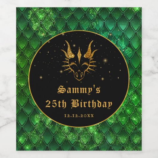 Green Dragon Scales Gold Faux Glitter Birthday Wijn Etiket (Enkel label)