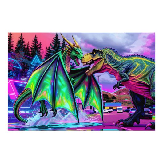 Green Dragon vs Dinosaur Foto Afdruk (Voorkant)