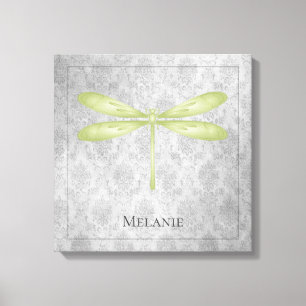 Green Dragonfly Damask Canvas Afdruk