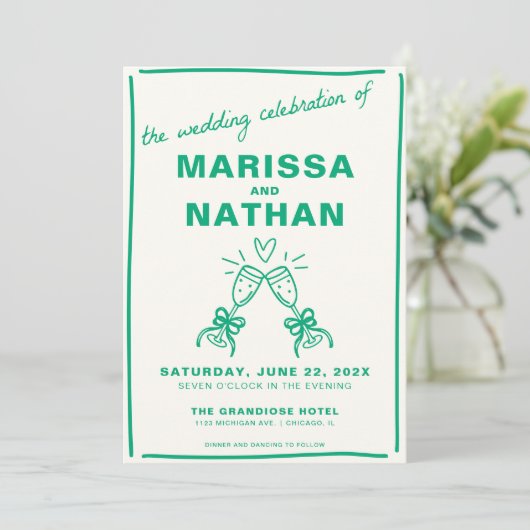 Green Drawn Together Champagne Wedding Kaart (Staand voorkant)