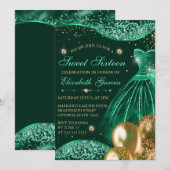 Green Dress & Gold Glitter Balloons Sweet 16 Kaart (Voorkant / Achterkant)
