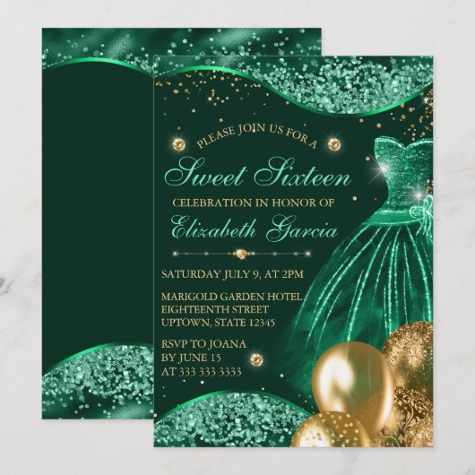 Green Dress & Gold Glitter Balloons Sweet 16 Kaart (Voorkant / Achterkant)