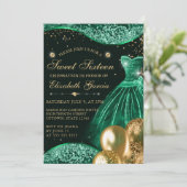 Green Dress & Gold Glitter Balloons Sweet 16 Kaart (Staand voorkant)