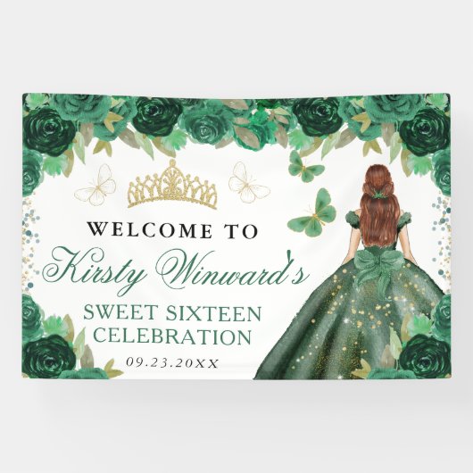 Green Dress Red Haired Princess Floral Sweet 16 Spandoek (Horizontaal)
