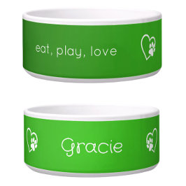 Green 'eat, play, love' Dog Name Bowl Voerbakje