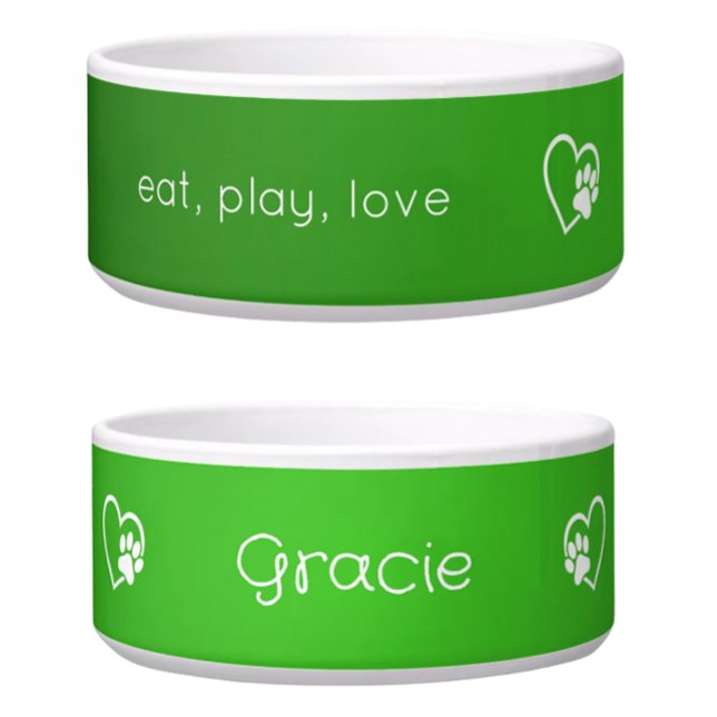 Green 'eat, play, love' Dog Name Bowl Voerbakje (Creator heeft geüpload)