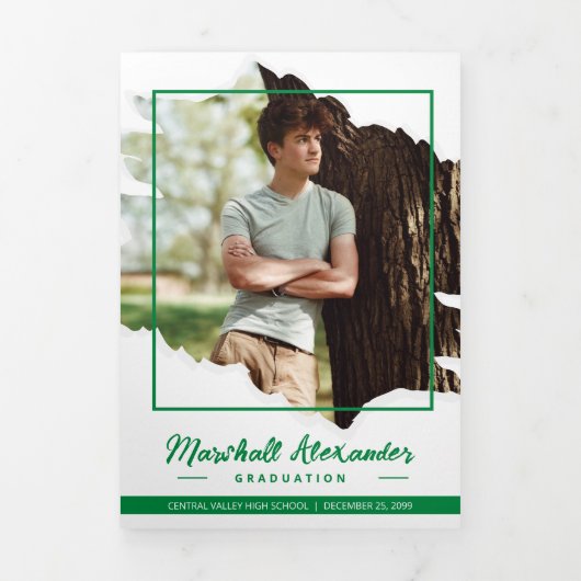 Green Edgy Abstract Torn Photo Afstuderen Drieluik Uitnodiging (Cover)