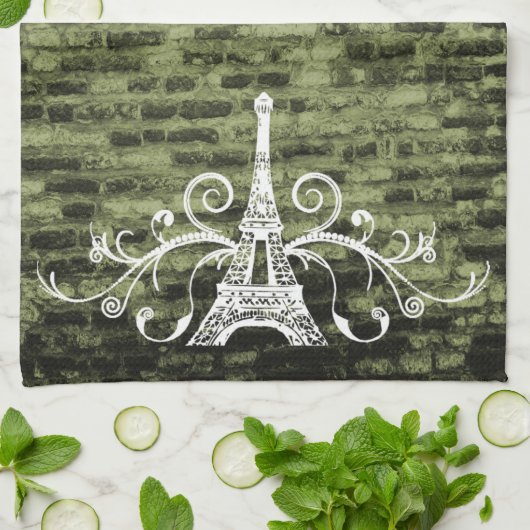 Green Eiffel Towel Grunge Kitchen Towel Theedoek (Gevouwen)