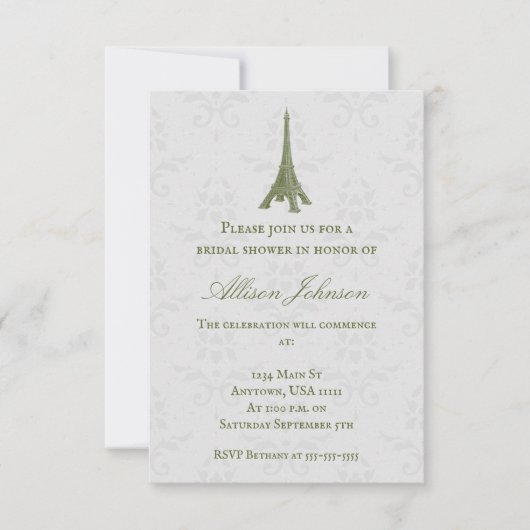 Green Eiffel Tower Damask Vrijgezellenfeest Invite Kaart (Voorkant)