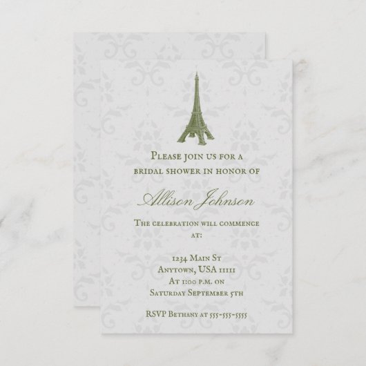 Green Eiffel Tower Damask Vrijgezellenfeest Invite Kaart (Voorkant / Achterkant)