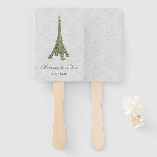 Green Eiffel Tower Damask Wedding Favor Hand Fan Handwaaier (Voorkant en achterkant)
