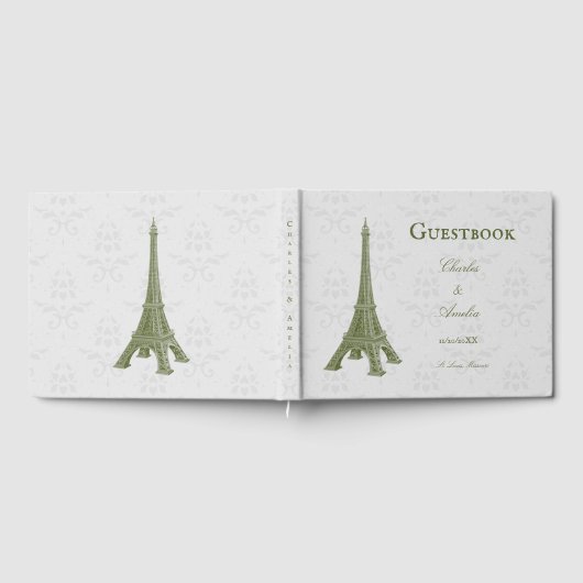 Green Eiffel Tower Damask Wedding Guestbook Gastenboek (Volledig)