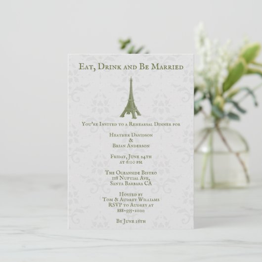 Green Eiffel Tower Damask Wedding Rehearsal Dinner Kaart (Staand voorkant)