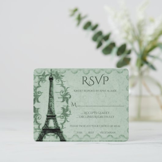 Green Eiffel Tower Wedding RSVP Kaart (Staand voorkant)
