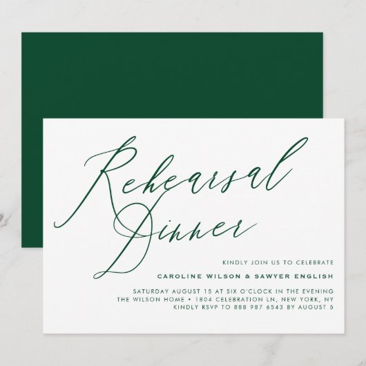 Green Elegant Calligraphy Rehearsal Dinner Kaart (Voorkant / Achterkant)