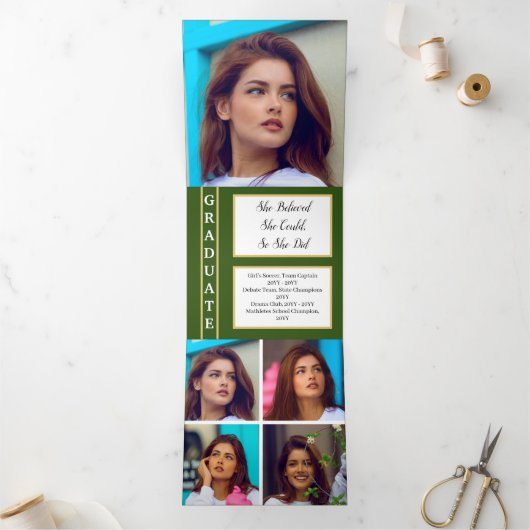 Green Elegant Classy 8 Photo Afstuderen Drieluik Aankondiging (Binnen)